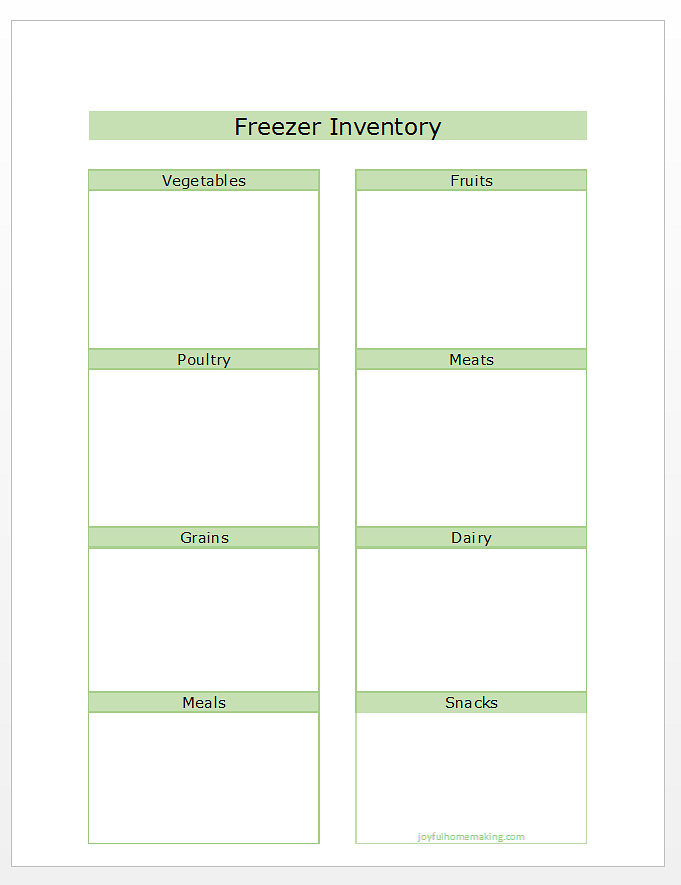 Inventory List for Freezer